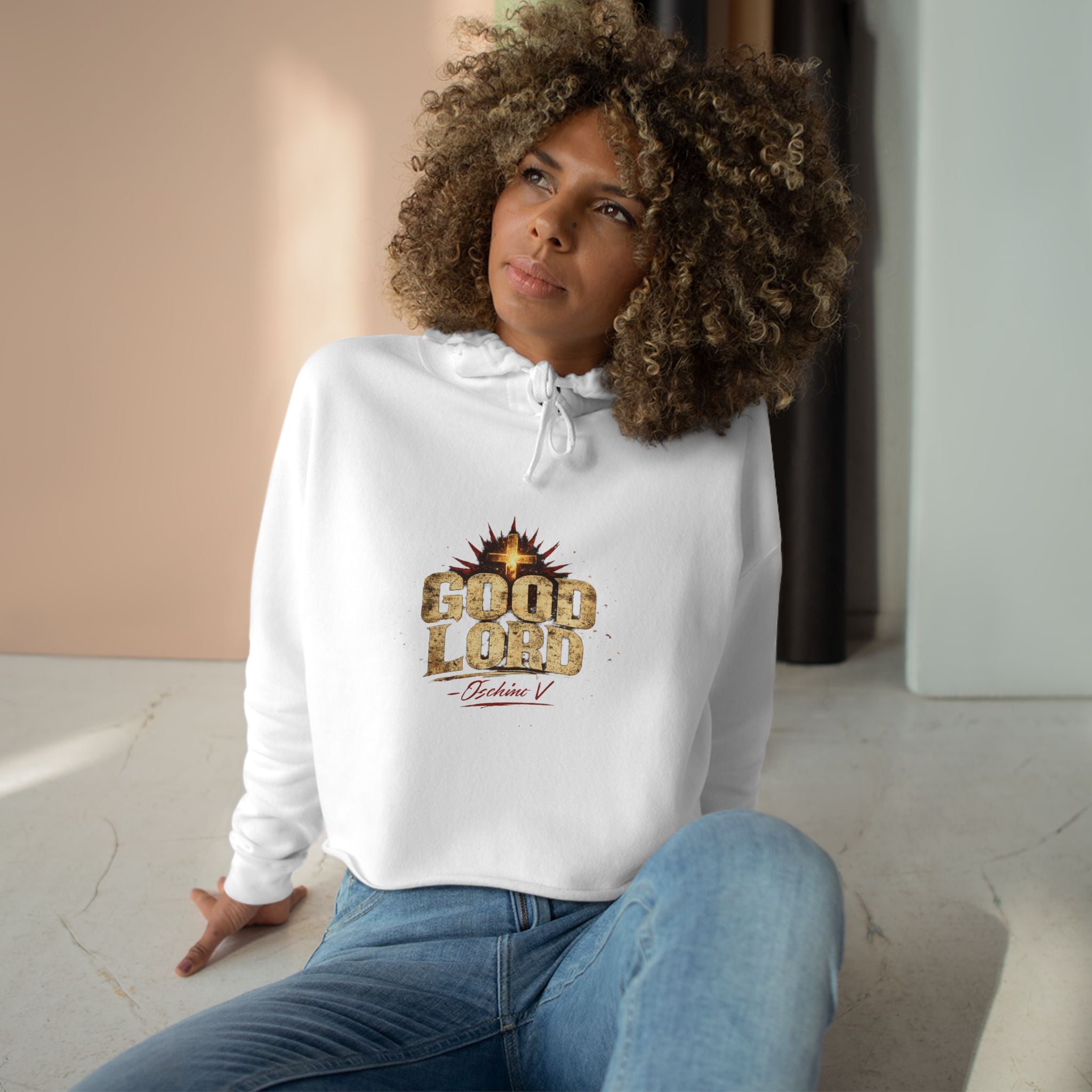 Cropped Hoodie — "Good Lord" Vintage Gold Logo Crop Hoodie