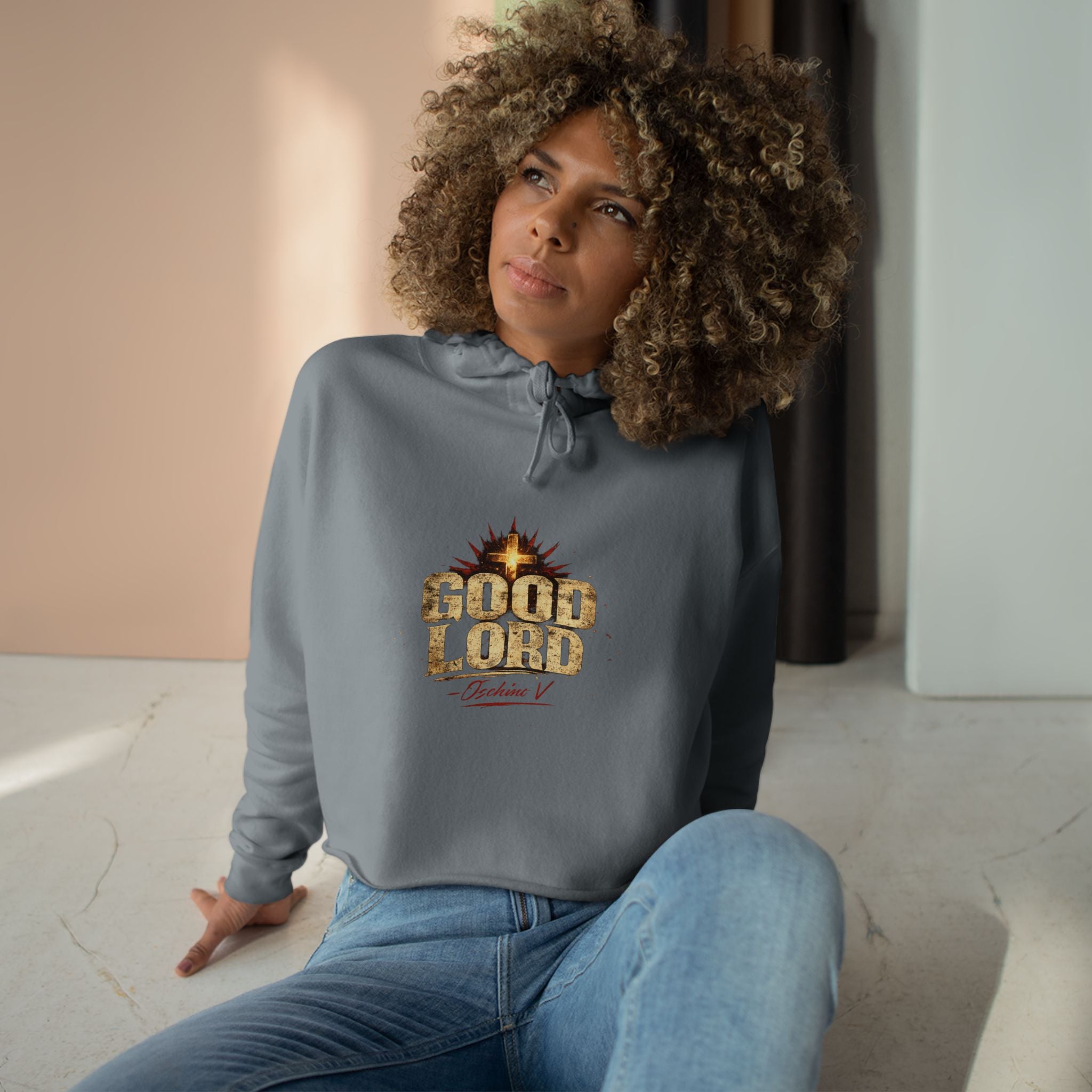 Cropped Hoodie — "Good Lord" Vintage Gold Logo Crop Hoodie